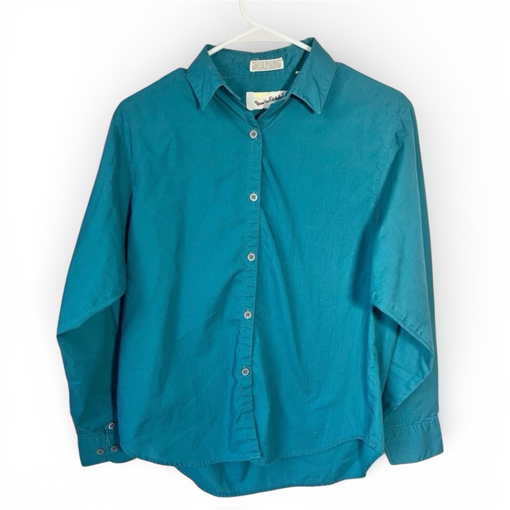Diane Von Furstenberg Button Down Shirt Long Sleeve Teal Blue Vintage Size 12